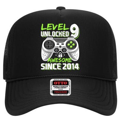 Level 9 Unlocked Awesome 2014 Video Game 9th Birthday Boy High Crown Mesh Back Trucker Hat