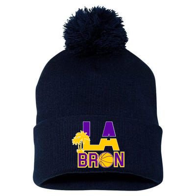 LA Bron Basketball Palm Tree Logo Pom Pom 12in Knit Beanie