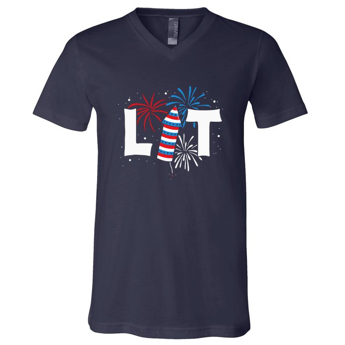 Lit American 4th Of July US Patriotic Pride Gift V-Neck T-Shirt