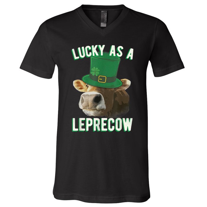 Lucky As A Leprecow Cute Cow Leprechaun MashUp St. Paddy's V-Neck T-Shirt