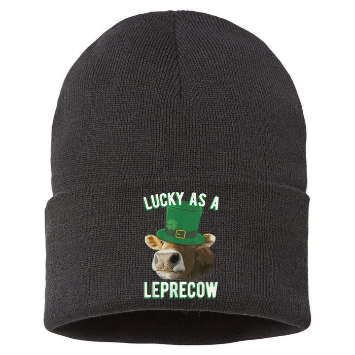 Lucky As A Leprecow Cute Cow Leprechaun MashUp St. Paddy's Sustainable Knit Beanie