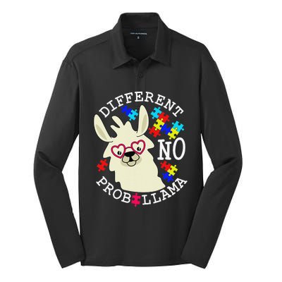 Llama Autism Awareness Different No Probllama Drama Funny Silk Touch Performance Long Sleeve Polo