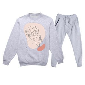 Line Art Abstract Minimalist Of Women Face With Rose Flower Premium Crewneck Sweatsuit Set