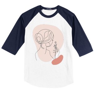 Line Art Abstract Minimalist Of Women Face With Rose Flower Baseball Sleeve Shirt