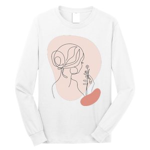 Line Art Abstract Minimalist Of Women Face With Rose Flower Long Sleeve Shirt