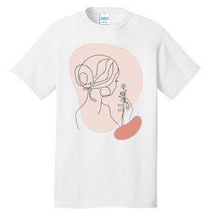 Line Art Abstract Minimalist Of Women Face With Rose Flower Tall T-Shirt