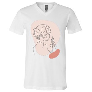 Line Art Abstract Minimalist Of Women Face With Rose Flower V-Neck T-Shirt