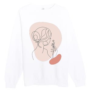 Line Art Abstract Minimalist Of Women Face With Rose Flower Premium Crewneck Sweatshirt