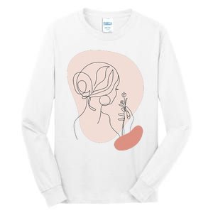 Line Art Abstract Minimalist Of Women Face With Rose Flower Tall Long Sleeve T-Shirt