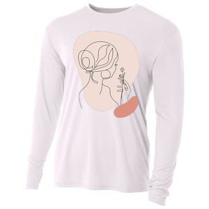 Line Art Abstract Minimalist Of Women Face With Rose Flower Cooling Performance Long Sleeve Crew