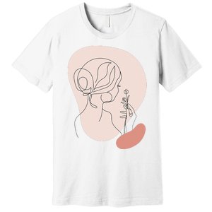 Line Art Abstract Minimalist Of Women Face With Rose Flower Premium T-Shirt