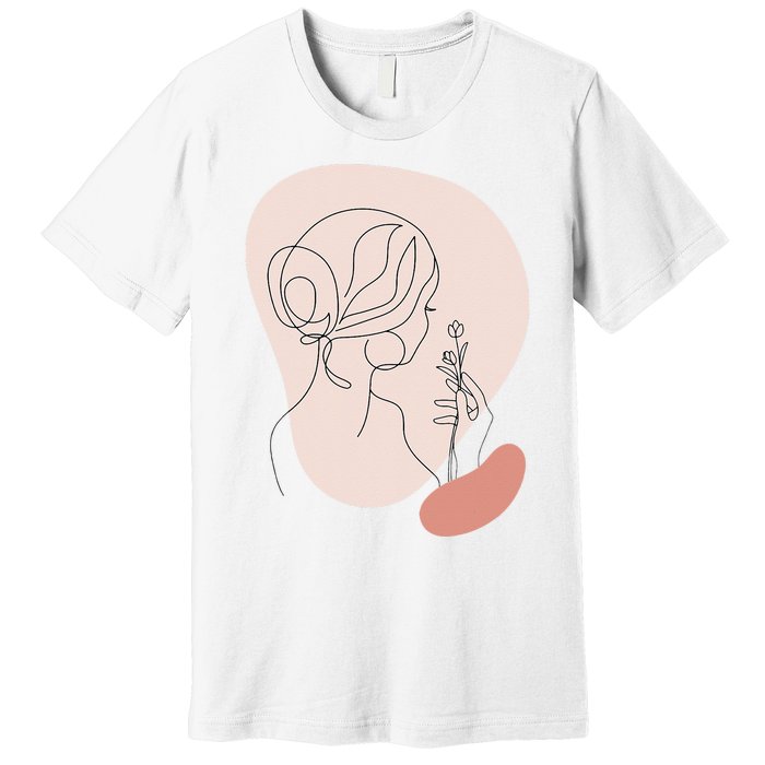 Line Art Abstract Minimalist Of Women Face With Rose Flower Premium T-Shirt