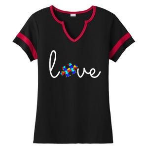 Love Autism Awareness Puzzle Piece Ladies Halftime Notch Neck Tee