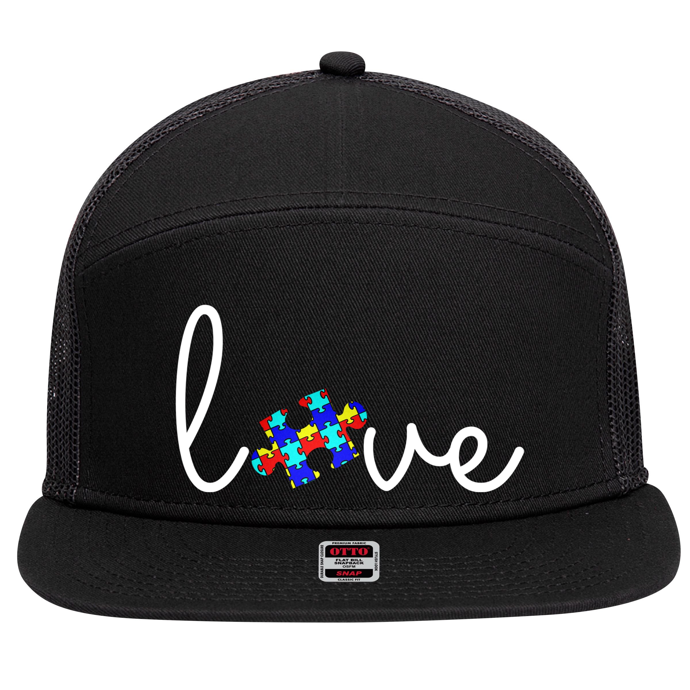 Love Autism Awareness Puzzle Piece 7 Panel Mesh Trucker Snapback Hat