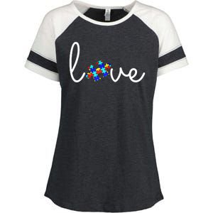 Love Autism Awareness Puzzle Piece Enza Ladies Jersey Colorblock Tee