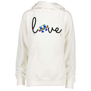 Love Autism Awareness Puzzle Piece Womens Funnel Neck Pullover Hood