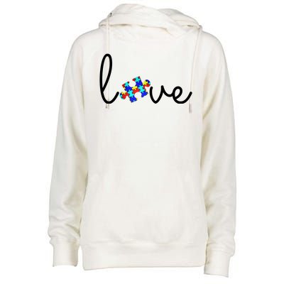 Love Autism Awareness Puzzle Piece Womens Funnel Neck Pullover Hood