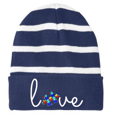 Love Autism Awareness Puzzle Piece Striped Beanie with Solid Band