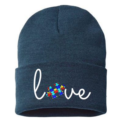 Love Autism Awareness Puzzle Piece Sustainable Knit Beanie