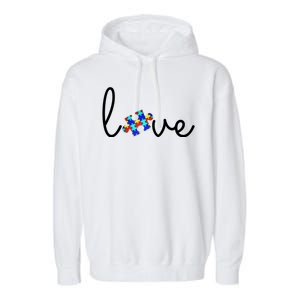 Love Autism Awareness Puzzle Piece Garment-Dyed Fleece Hoodie