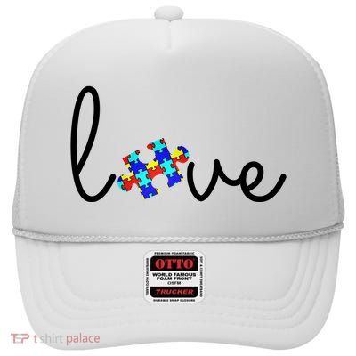 Love Autism Awareness Puzzle Piece High Crown Mesh Back Trucker Hat