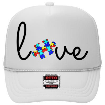 Love Autism Awareness Puzzle Piece High Crown Mesh Back Trucker Hat