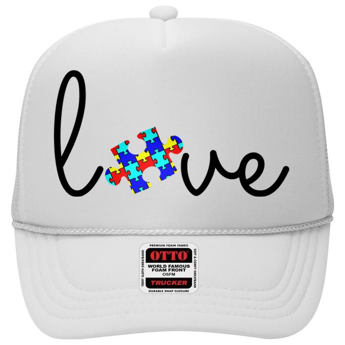 Love Autism Awareness Puzzle Piece High Crown Mesh Back Trucker Hat