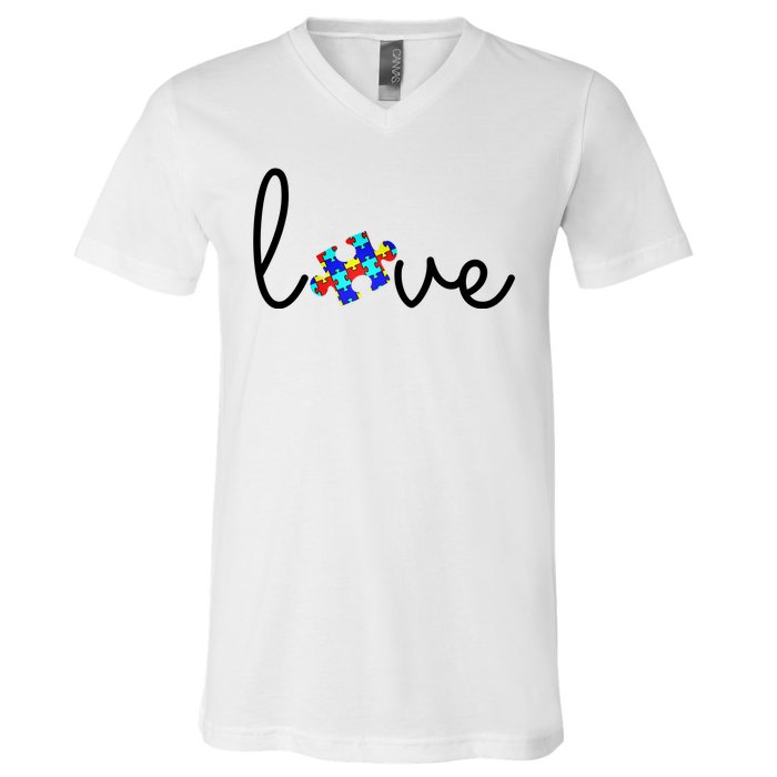 Love Autism Awareness Puzzle Piece V-Neck T-Shirt