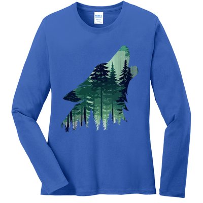 Landscape Animal Art Nature Forest Hiking Howling Wolf Gift Ladies Long Sleeve Shirt