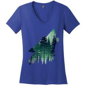 Landscape Animal Art Nature Forest Hiking Howling Wolf Gift Women's V-Neck T-Shirt