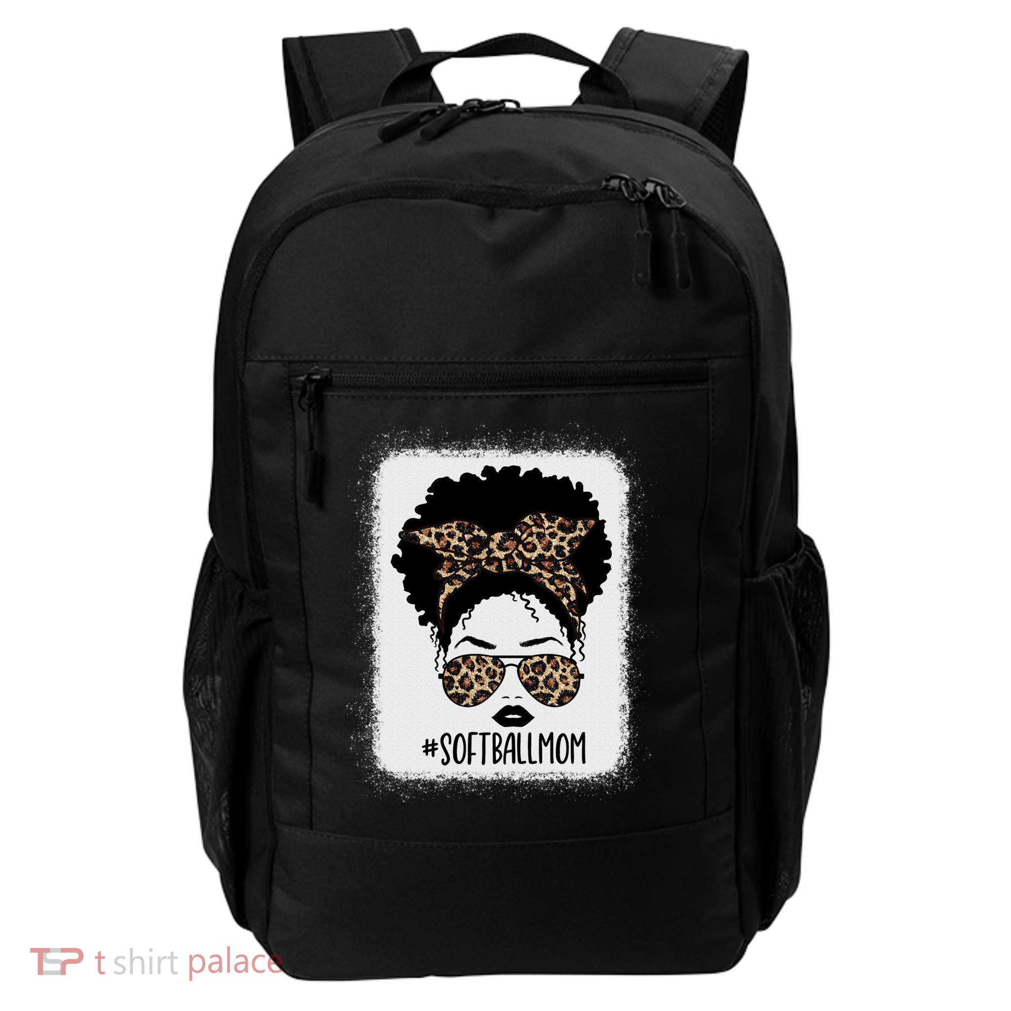 Leopard African American Softball Mom Life Messy Bun Hair Gift Backpack