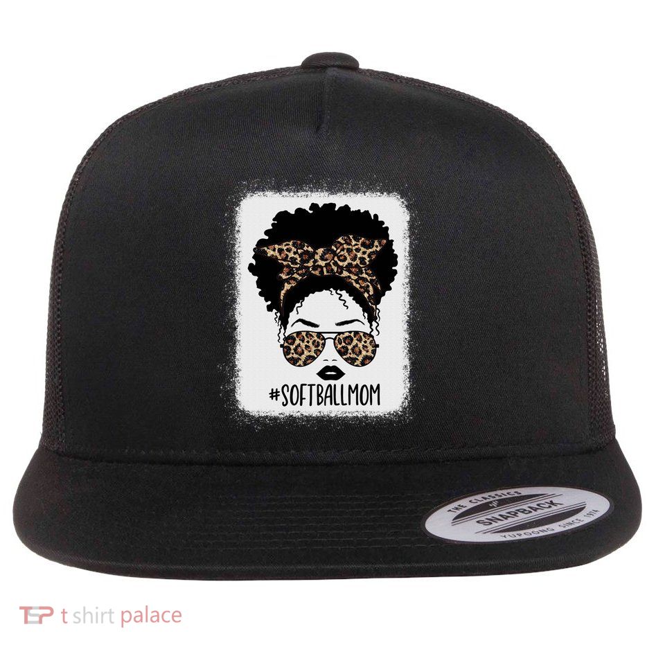Leopard African American Softball Mom Life Messy Bun Hair Gift Flatbill Hat