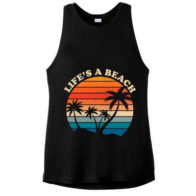 Lifes A Beach Retro Sunset Palm Tree Ladies PosiCharge Tri-Blend Wicking Tank