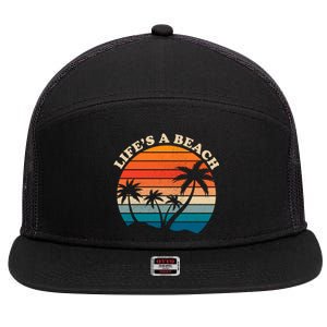 Lifes A Beach Retro Sunset Palm Tree 7 Panel Mesh Trucker Snapback Hat