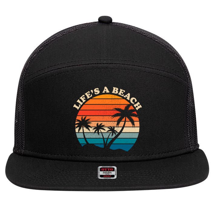 Lifes A Beach Retro Sunset Palm Tree 7 Panel Mesh Trucker Snapback Hat