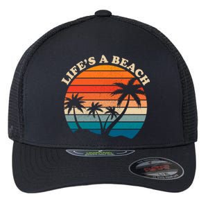 Lifes A Beach Retro Sunset Palm Tree Flexfit Unipanel Trucker Cap