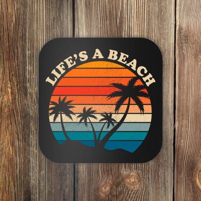 Lifes A Beach Retro Sunset Palm Tree Coaster