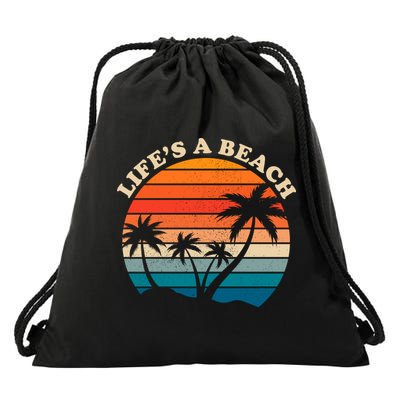 Lifes A Beach Retro Sunset Palm Tree Drawstring Bag