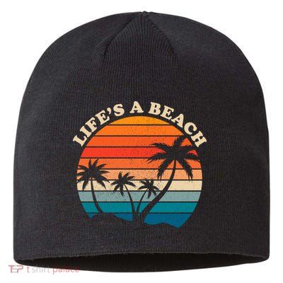Lifes A Beach Retro Sunset Palm Tree Sustainable Beanie