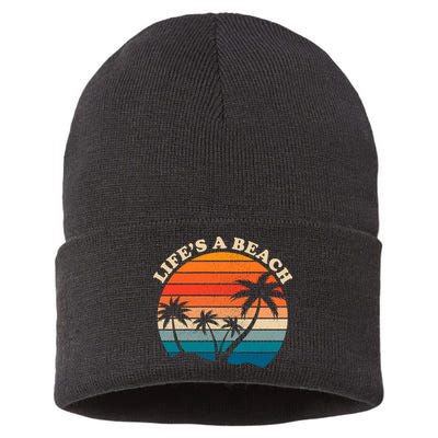 Lifes A Beach Retro Sunset Palm Tree Sustainable Knit Beanie