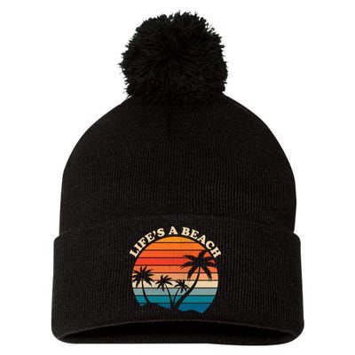 Lifes A Beach Retro Sunset Palm Tree Pom Pom 12in Knit Beanie
