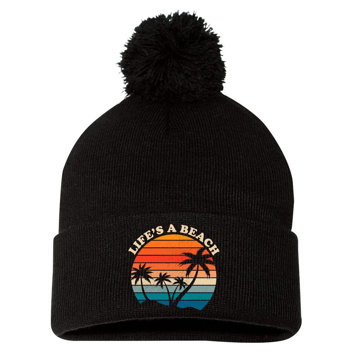 Lifes A Beach Retro Sunset Palm Tree Pom Pom 12in Knit Beanie