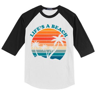 Lifes A Beach Retro Sunset Palm Tree Kids Colorblock Raglan Jersey