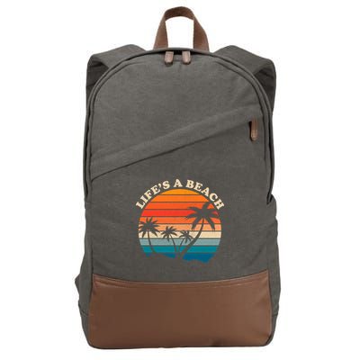 Lifes A Beach Retro Sunset Palm Tree Cotton Canvas Backpack