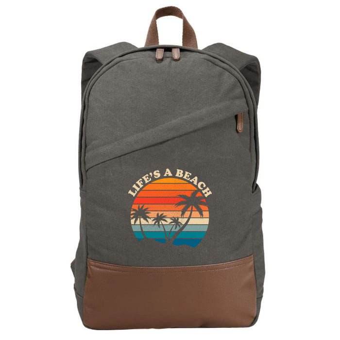 Lifes A Beach Retro Sunset Palm Tree Cotton Canvas Backpack