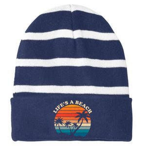 Lifes A Beach Retro Sunset Palm Tree Striped Beanie with Solid Band