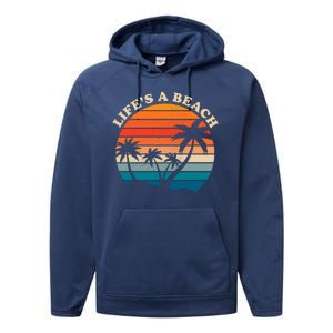 Lifes A Beach Retro Sunset Palm Tree Performance Fleece Hoodie