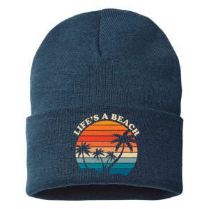 Lifes A Beach Retro Sunset Palm Tree Sustainable Knit Beanie