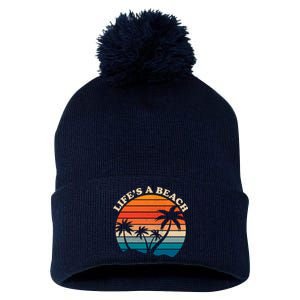 Lifes A Beach Retro Sunset Palm Tree Pom Pom 12in Knit Beanie