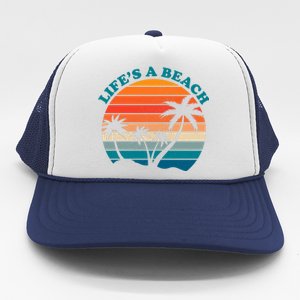 Lifes A Beach Retro Sunset Palm Tree Trucker Hat